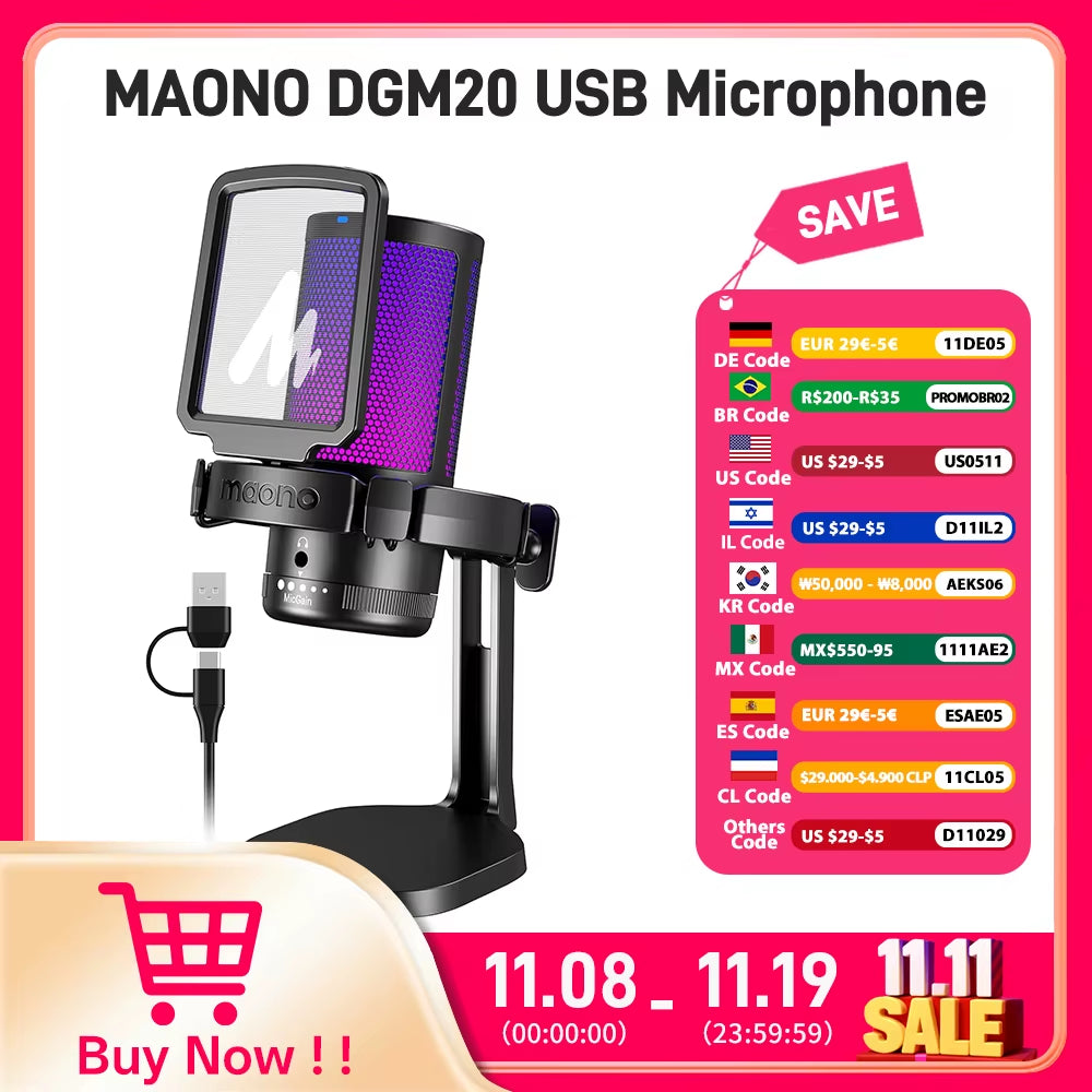 DGM20 Gaming Microphone,Usb Microphone Condenser Mic RGB Gaming Mic with Noise Reduction Software,Mic Gain,One Key Mute