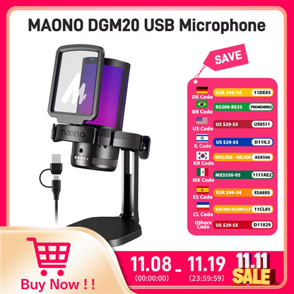 DGM20 Gaming Microphone,Usb Microphone Condenser Mic RGB Gaming Mic with Noise Reduction Software,Mic Gain,One Key Mute